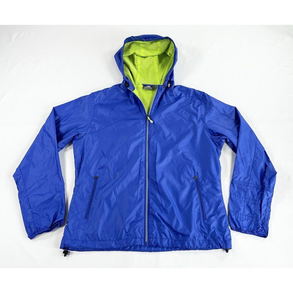 New Balance Womens XL Running Jacket Blue Neon Green Lined Hooded Windbreaker